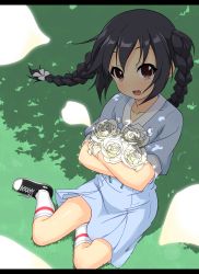 Rule 34 | 1girl, :d, alternate hairstyle, bandages, black hair, blush, bow, braid, brown eyes, flower, hair bow, highres, k-on!, k-on! movie, k10k, kneehighs, letterboxed, looking at viewer, nakano azusa, open mouth, petals, rose, round teeth, shade, shoes, singing! (k-on!), sitting, smile, socks, solo, teeth, tree shade, twin braids, white flower, white rose, white socks, yokozuwari
