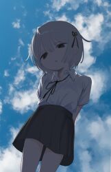Rule 34 | 1girl, arms behind back, backlighting, black eyes, black ribbon, blue sky, cloud, cloudy sky, collared shirt, day, feet out of frame, from below, grey hair, hair flaps, hair ribbon, head tilt, highres, looking down, loose neck ribbon, open mouth, original, pleated skirt, popped collar, ribbon, school uniform, shirt, shirt tucked in, short hair, short sleeves, sidelocks, skirt, sky, solo, standing, takanashi natsuo