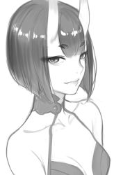 Rule 34 | 1girl, bare shoulders, breasts, closed mouth, deras, fang, fang out, fate/grand order, fate (series), greyscale, horns, looking at viewer, monochrome, oni, short eyebrows, short hair, shuten douji (fate), sketch, skin-covered horns, small breasts, smile, solo, upper body, white background