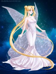 Rule 34 | 10s, 1girl, 2015, absurdly long hair, bare shoulders, bishoujo senshi sailor moon, blonde hair, blue background, collarbone, crescent, crescent earrings, crescent facial mark, double bun, dress, earrings, facial mark, forehead mark, full body, highres, jewelry, lirahalovna, long hair, looking at viewer, princess serenity, see-through, signature, solo, standing, strapless, strapless dress, tsukino usagi, twintails, very long hair, watermark, web address, white dress