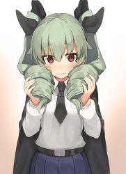 Rule 34 | 10s, 1girl, absurdres, anchovy (girls und panzer), black necktie, blouse, blue skirt, blush, brown eyes, closed mouth, girls und panzer, gradient background, green hair, hair between eyes, highres, long hair, long sleeves, looking at viewer, necktie, pleated skirt, ringlets, seramikku, shirt, sidelocks, skirt, solo, tsurime, twintails, upper body, wavy mouth, white shirt