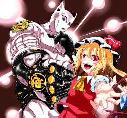 Rule 34 | 1girl, ascot, blonde hair, crossover, fangs, flandre scarlet, hat, highres, jojo no kimyou na bouken, killer queen, looking at viewer, open mouth, outstretched arm, pink eyes, power connection, rakku (10219563), red eyes, short hair, side ponytail, skirt, skirt set, smile, stand (jojo), touhou, wings