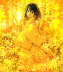 Rule 34 | 1girl, black eyes, black hair, closed mouth, commentary request, cropped legs, crystal, from side, hair between eyes, highres, light smile, looking at viewer, magic, open hands, original, robe, sakimori (hououbds), short hair, solo, yellow theme