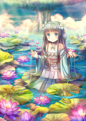 Rule 34 | 1girl, absurdres, bare shoulders, choker, cloud, colorful, dress, flower, frog, glowing, hair flower, hair ornament, twirling hair, hand in own hair, highres, long hair, lotus, namaru (summer dandy), obi, original, sash, short twintails, silver hair, smile, solo, sunlight, tree, twintails, two side up, very long hair, wading, water