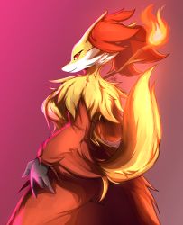 Rule 34 | 1girl, absurdres, animal ear fluff, animal ears, animal nose, artist name, ass, body fur, breasts, closed mouth, cowboy shot, creatures (company), delphox, female focus, fire, fox ears, fox girl, fox tail, from behind, furry, furry female, game freak, gen 6 pokemon, gradient background, hand up, happy, highres, holding, holding stick, knox is not dead, looking at viewer, looking back, medium breasts, multicolored fur, nintendo, pink background, pokemon, pokemon (creature), pyrokinesis, red eyes, red fur, signature, simple background, smile, snout, solo, standing, stick, tail, tail raised, white fur, yellow fur