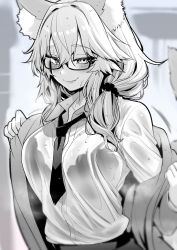 Rule 34 | 1girl, animal ear fluff, animal ears, blurry, blurry background, blush, bra, bra visible through clothes, breasts, closed mouth, coat, commentary, fate/extella, fate/extra, fate (series), fox ears, fox girl, fox tail, glasses, greyscale, hair between eyes, hairband, highres, large breasts, long hair, long sleeves, looking at viewer, monochrome, necktie, school uniform, seductive smile, see-through, see-through shirt, shirt, sidelocks, smile, solo, tail, tamamo (fate), tamamo no mae (fate/extra), tamamo no mae (jk) (fate), underwear, upper body, wet, wet clothes, wet shirt, wisespeak