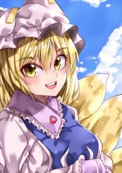 Rule 34 | 1girl, absurdres, animal hat, blonde hair, blue sky, blue tabard, cloud, cloudy sky, commentary request, fox tail, frilled shirt collar, frilled sleeves, frills, hair between eyes, hat, highres, long sleeves, looking at viewer, mahoro (minase mahoro), medium hair, mob cap, multiple tails, open mouth, outdoors, sky, solo, tabard, tail, teeth, touhou, upper body, upper teeth only, white hat, yakumo ran, yellow eyes, yellow tail