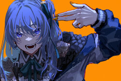 Rule 34 | 1girl, absurdres, ascot, belt, blue ascot, blue eyes, blue hair, buttons, earrings, finger gun, finger gun to head, hair between eyes, hair ribbon, highres, hololive, hoshimachi suisei, hoshimachi suisei (streetwear), jewelry, long sleeves, looking at viewer, mirai99, nail polish, neck ribbon, open mouth, orange background, orange nails, pointing, pointing at self, ribbon, side ponytail, solo, star (symbol), star in eye, symbol in eye, teeth, virtual youtuber, zipper