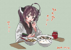 Rule 34 | 1girl, ahoge, blush, bowl, brown eyes, brown hair, chopsticks, dated, food, food request, green background, headgear, holding, holding food, japanese clothes, kimono, lamb (hitsujiniku), long sleeves, obi, open mouth, rice, sash, solo, table, touhoku kiritan, translation request, twintails, upper body, voiceroid, white kimono, wide sleeves