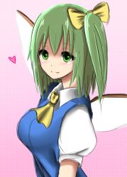 Rule 34 | 1girl, ascot, blouse, blush, breasts, coco (r5m), collared shirt, daiyousei, dress shirt, fairy wings, green eyes, green hair, hair ribbon, heart, looking at viewer, matching hair/eyes, puffy short sleeves, puffy sleeves, ribbon, shirt, short hair, short sleeves, side ponytail, sketch, solo, touhou, upper body, vest, white shirt, wings