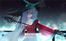 Rule 34 | #yuki#, 1girl, arknights, bad id, bad pixiv id, bare shoulders, blue headwear, character name, commentary request, copyright name, dress, hair between eyes, highres, holding, holding staff, long hair, long sleeves, looking at viewer, off-shoulder dress, off shoulder, official alternate costume, red dress, red eyes, silver hair, skadi (arknights), skadi the corrupting heart (arknights), solo, staff, upper body, very long hair, wide sleeves