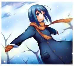 Rule 34 | 1girl, absurdres, ahoge, black pantyhose, blue eyes, blue hair, coat, gloves, highres, matching hair/eyes, musical note, nanakusa, orange scarf, outstretched arms, pantyhose, scan, scarf, smile, snowing, solo, spread arms, treble clef