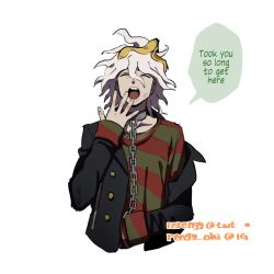 Rule 34 | 1boy, artist name, banana peel, black jacket, blush, chain, closed eyes, collar, cropped torso, danganronpa (series), danganronpa another episode: ultra despair girls, derivative work, english text, facing viewer, food, food on head, green sweater, grey hair, jacket, komaeda nagito, male focus, metal collar, mittens, object on head, off shoulder, open clothes, open jacket, red sweater, rengy (rerengy), saliva, servant (danganronpa), simple background, speech bubble, striped clothes, striped sweater, sweater, teeth, upper teeth only, white background, yawning