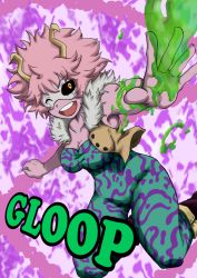 Rule 34 | 10s, 1girl, antennae, armpits, ashido mina, black sclera, bodysuit, boku no hero academia, breasts, colored sclera, colored skin, fangs, fur trim, happy, highres, horns, mask, medium breasts, one eye closed, open mouth, pink hair, pink skin, short hair, slime, smile, solo, unitard, vest, wink, yellow eyes