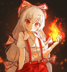 Rule 34 | 1girl, :o, bandaged arm, bandages, black background, blush, bow, collared shirt, commentary, commentary request, fire, flat chest, fujiwara no mokou, gradient background, hair between eyes, hair bow, hand in pocket, head tilt, long hair, looking at viewer, pants, parted lips, pyrokinesis, red eyes, red pants, shirt, short sleeves, simple background, solarisu, solo, standing, suspenders, symbol-only commentary, touhou, upper body, very long hair, white hair, white shirt