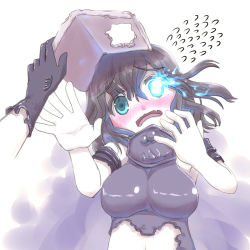 Rule 34 | 10s, 1girl, abyssal ship, aqua eyes, bad id, bad pixiv id, black hair, blush, chi-class torpedo cruiser, fang, flying sweatdrops, gloves, glowing, glowing eyes, kantai collection, mask, unworn mask, open mouth, pale skin, short hair, solo, u-non (annon&#039;an)
