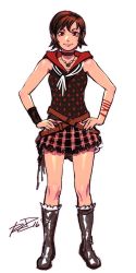 Rule 34 | 10s, 1girl, bad id, bad twitter id, belt, brown hair, choker, final fantasy, final fantasy xv, full body, hands on own hips, highres, hood, hoodie, iris amicitia, jewelry, looking at viewer, necklace, plaid, plaid skirt, robaato, short hair, sketch, skirt, sleeveless, smile, solo