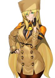 Rule 34 | 1girl, :|, armband, ashiomi masato, black gloves, blonde hair, brown jacket, brown pantyhose, closed mouth, fur hat, gloves, guilty gear, guilty gear strive, hand on own hip, hand on own face, hat, jacket, long hair, millia rage, pantyhose, solo