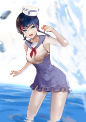 Rule 34 | 1girl, armlet, bare shoulders, black hair, blue eyes, blue sailor collar, blue skirt, blush, braid, breasts, buttons, double-breasted, fate/grand order, fate (series), hat, jikihatiman, large breasts, looking at viewer, low twin braids, medium hair, multicolored hair, one-piece swimsuit, open mouth, pink hair, sailor collar, sailor hat, sidelocks, skirt, smile, solo, streaked hair, swimsuit, thighs, twin braids, utsumi erice, utsumi erice (swimsuit avenger), utsumi erice (swimsuit avenger) (second ascension), wading, water, white hat, white one-piece swimsuit