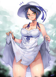 Rule 34 | 10s, 1girl, bare arms, bare shoulders, bracelet, breasts, choker, cleavage, clothes lift, collarbone, dress, dress lift, hat, hat ribbon, hayami kanade, highres, idolmaster, idolmaster cinderella girls, jewelry, jjune, looking at viewer, no panties, parted bangs, parted lips, pendant, ribbon, see-through, sleeveless, sleeveless dress, solo, sun hat, sundress, thighs, wet, wet clothes, wet dress, white dress, yellow eyes