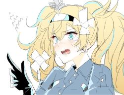 Rule 34 | 1girl, asakawa (outeq), bandaid, black gloves, blonde hair, blue eyes, blue shirt, blush, buttons, collared shirt, constricted pupils, crying, crying with eyes open, closed eyes, flying sweatdrops, gambier bay (kancolle), gloves, hair between eyes, hairband, headgear, kantai collection, long hair, open mouth, pointing, shirt, simple background, solo, tears, teeth, twintails, upper body, white background