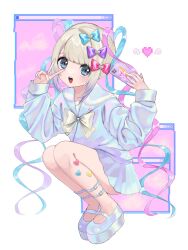 Rule 34 | 1girl, blonde hair, blue bow, blue eyes, blue footwear, blue hair, blue nails, blue shirt, blue skirt, blush, bow, chouzetsusaikawa tenshi-chan, full body, hair bow, heart, highres, holding, holding phone, holographic clothing, long hair, long sleeves, looking at viewer, multicolored hair, multicolored nails, multiple hair bows, needy girl overdose, open mouth, phone, pin, pink bow, pink hair, pink nails, platform footwear, pleated skirt, purple bow, quad tails, sailor collar, school uniform, serafuku, shirt, shoes, sitting, skirt, smile, solo, taking picture, tamotsu (mary), twintails, v over eye, very long hair, window (computing), yellow bow, yellow nails