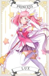 Rule 34 | 1girl, alternate costume, alternate hair color, alternate hairstyle, boots, choker, elbow gloves, female focus, gloves, high heel boots, high heels, league of legends, lux (league of legends), magical girl, pink hair, pleated skirt, purple skirt, ribbon, skirt, solo, star guardian (league of legends), star guardian lux, thighhighs, tiara, twintails, white gloves