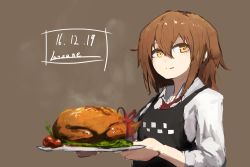 Rule 34 | 10s, 1girl, 2016, apron, brown background, brown hair, chicken (food), dated, food, hair between eyes, holding, holding plate, kantai collection, lansane, long sleeves, neckerchief, plate, shirt, short hair, signature, smile, solo, steam, tomato, turkey (food), upper body, wakaba (kancolle), white shirt, yellow eyes