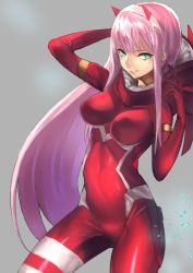 Rule 34 | 1girl, absurdres, bodysuit, breasts, closed mouth, darling in the franxx, green eyes, hairband, highres, horns, hotate-chan, long hair, looking at viewer, medium breasts, oni horns, pink hair, red horns, simple background, smile, solo, white hairband, zero two (darling in the franxx)