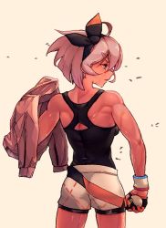 Rule 34 | 1girl, 2049 (hh5566), bad id, bad pixiv id, bea (pokemon), black bodysuit, black hairband, bodysuit, bodysuit under clothes, bow hairband, commentary request, creatures (company), dynamax band, female focus, from behind, game freak, gloves, grey hair, hairband, hand up, holding, holding clothes, holding jacket, holding poke ball, jacket, looking to the side, muscular, muscular female, nintendo, parted lips, partially fingerless gloves, poke ball, pokemon, pokemon swsh, print shirt, shirt, short hair, shorts, simple background, solo, standing, wet, white background