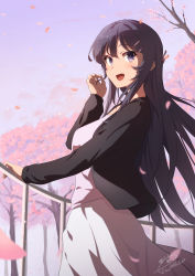 Rule 34 | 1girl, :d, black hair, black jacket, blue eyes, cherry blossoms, commentary request, dated, dress, from side, hair ornament, hairclip, hand on railing, highres, jacket, long hair, long sleeves, looking back, open mouth, outdoors, petals, playing with own hair, railing, raiz art works, sakurajima mai, seishun buta yarou, signature, smile, solo, white dress