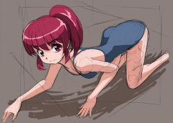 Rule 34 | 10s, 1girl, aino megumi, all fours, brown background, happinesscharge precure!, looking at viewer, one-piece swimsuit, ponytail, precure, red eyes, red hair, rohitsuka, short hair, sketch, solo, swimsuit