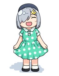 Rule 34 | 1girl, black footwear, blush, closed eyes, commentary request, dress, green dress, grey hat, hair ornament, hair over one eye, hairclip, hama! (3toshinhmkz), hamakaze (kancolle), hat, holding, holding clothes, holding dress, kantai collection, open mouth, polka dot, polka dot dress, shadow, shoes, short hair, silver hair, simple background, smile, socks, solo, white background, white socks