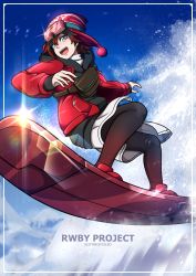 Rule 34 | 1girl, absurdres, artist name, black hair, blue sky, english text, goggles, goggles on headwear, highres, jacket, keith montalbo, mountain, multicolored hair, official alternate costume, pantyhose, red hair, ruby rose, rwby, rwby ice queendom, sky, snow, snowboard, snowboarding, solo, thighhighs