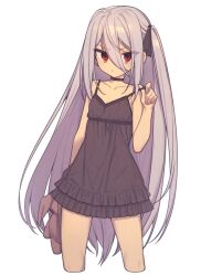 Rule 34 | 1girl, :/, black choker, black nightgown, black ribbon, choker, collarbone, cowboy shot, cropped legs, everyntrge, female focus, flat chest, grey hair, hair between eyes, hair ribbon, holding, holding stuffed toy, light blush, long hair, looking at viewer, nightgown, one side up, original, pulling own clothes, red eyes, ribbon, simple background, solo, standing, strap pull, stuffed animal, stuffed rabbit, stuffed toy, very long hair, white background