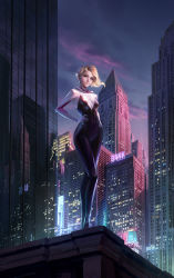 Rule 34 | 1girl, absurdres, asymmetrical hair, blonde hair, bodysuit, building, city, cloud, covered navel, evening, from below, gwen stacy, hands on own hips, highres, hood, hood down, legs together, marvel, reflection, rooftop, short hair, sidecut, skin tight, smile, solo, spider-gwen, spider-man: into the spider-verse, spider-man (series), spider-verse, spider web print, standing, superhero costume, undercut, window, zhoujialin