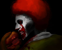 Rule 34 | 1boy, blood, burger, creepy, food, horror (theme), looking back, male focus, mcdonald&#039;s, parody, red hair, resident evil, ronald mcdonald, solo, takamako, what, zombie