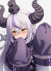 Rule 34 | 1girl, absurdres, black horns, blush, braid, braided bangs, commentary request, crow (la+ darknesss), demon girl, demon horns, fang, grey hair, highres, hololive, horns, la+ darknesss, long hair, multicolored hair, pointy ears, purple hair, purple horns, sleeves past fingers, sleeves past wrists, slit pupils, solo, streaked hair, striped horns, tail, very long hair, virtual youtuber, yellow eyes, yukikawa sara