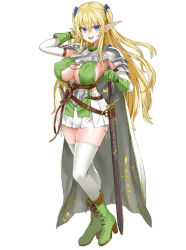 Rule 34 | 1girl, armor, asanagi, belt, blonde hair, blue eyes, boots, braid, breasts, cape, cleavage, earrings, elbow gloves, elf, elf village, gloves, highres, jewelry, large breasts, long hair, looking at viewer, open mouth, original, pauldrons, pleated skirt, pointy ears, shoulder armor, skirt, solo, sword, thighhighs, twintails, weapon, white thighhighs
