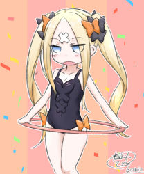 Rule 34 | 1girl, :o, abigail williams (fate), abigail williams (welcome to the travelling circus!) (fate), alternate hairstyle, bare arms, bare shoulders, black bow, black leotard, blonde hair, blue eyes, blush, bow, chibi, collarbone, commentary request, confetti, crossed bandaids, fate/grand order, fate (series), hair bow, highres, hoop, leotard, long hair, neon-tetora, official alternate costume, open mouth, orange bow, parted bangs, signature, solo, twintails, very long hair, welcome to the travelling circus!