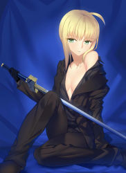 Rule 34 | 1girl, ahoge, artoria pendragon (fate), bad id, bad pixiv id, black gloves, blonde hair, blush, breasts, business suit, cleavage, excalibur (fate/stay night), fate/zero, fate (series), formal, gloves, green eyes, highres, long hair, looking at viewer, off shoulder, open clothes, saber (fate), sitting, small breasts, solo, suit, sword, weapon, yangsion