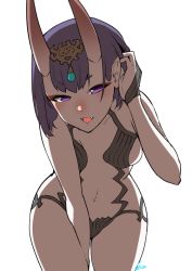 Rule 34 | 1girl, :d, artist name, bare arms, bare shoulders, between legs, blush, breasts, eiri (eirri), fangs, fate/grand order, fate (series), hair ornament, hand between legs, horns, leaning forward, looking at viewer, medium breasts, navel, oni, open mouth, purple eyes, purple hair, revealing clothes, short hair, shuten douji (fate), signature, simple background, skin-covered horns, smile, solo, white background
