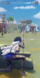 Rule 34 | 1girl, 420 (meme), 69 (meme), absurdres, ass, ass focus, behind cover, black hair, bow, bow (weapon), breasts, coat, drawing bow, earrings, genshin impact, goddess of victory: nikke, health bar, highres, hime cut, holding, holding bow (weapon), holding weapon, jewelry, large breasts, luizhtx, meme, on one knee, open clothes, open coat, pause button, robot, sagging breasts, squatting, thighs, user interface, weapon, white coat, yelan (genshin impact)