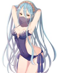 Rule 34 | 1girl, armpits, arms up, azura (fire emblem), blue hair, blue one-piece swimsuit, breasts, closed mouth, commentary request, fire emblem, fire emblem fates, hair between eyes, haru (nakajou-28), highres, long hair, medium breasts, mouth veil, nintendo, one-piece swimsuit, simple background, solo, swimsuit, veil, white background, yellow eyes