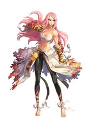 Rule 34 | 1girl, bandages, barefoot, belt, breasts, cleavage, feet, full body, gauntlets, highres, large breasts, leona (pixiv), long hair, navel, official art, pantyhose, pink hair, ragnarok online, sarashi, simple background, solo, sura (ragnarok online), topless