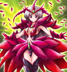 Rule 34 | 1girl, armor, black rose dragon, breasts, bunji, center opening, dress, duel monster, gloves, grey hair, long hair, personification, petals, purple eyes, red theme, solo, yu-gi-oh!, yu-gi-oh! 5d&#039;s