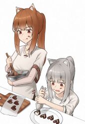 Rule 34 | 2girls, :q, alternate hairstyle, animal ear fluff, animal ears, bowl, bright pupils, brown hair, candy, chocolate, chocolate heart, chocolate on face, closed mouth, commentary, cooking, english text, food, food on face, grey hair, hair between eyes, heart, highres, holding, holding bowl, holding spoon, holo, koide 7285, light blush, long hair, looking at food, looking down, mother and daughter, multiple girls, myuri (spice and wolf), ponytail, red eyes, shirt, short sleeves, sidelocks, simple background, sleeves rolled up, spice and wolf, spoilers, spoon, straight hair, tongue, tongue out, tsurime, upper body, v-shaped eyebrows, valentine, white background, white shirt, wide sleeves, wolf ears, wolf girl, wooden spoon
