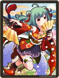Rule 34 | 1girl, ahoge, alternate hairstyle, battle girl high school, blush, commentary request, double bun, hand fan, green hair, hair ornament, japanese clothes, kimono, looking at viewer, medium hair, official art, red eyes, sadone, solo