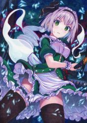 Rule 34 | 1girl, @ @, alternate costume, black ribbon, black thighhighs, breasts, bridal garter, commentary request, enmaided, frown, green eyes, green skirt, hair ribbon, highres, holding, holding sword, holding weapon, kittona, konpaku youmu, konpaku youmu (ghost), legs apart, looking at viewer, maid, maid headdress, plate, puffy short sleeves, puffy sleeves, ribbon, short hair, short sleeves, silver hair, skirt, small breasts, solo, sweat, sword, thighhighs, touhou, traditional media, watercolor pencil (medium), weapon, white background