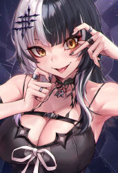 Rule 34 | 1girl, :p, armpits, black hair, black nails, breasts, cleavage, fangs, fingernails, hair ornament, highres, hololive, hololive english, jewelry, large breasts, looking at viewer, multicolored hair, multiple rings, nail polish, open mouth, padoruu, ring, shiori novella, shiori novella (1st costume), smile, solo, tongue, tongue out, two-tone hair, virtual youtuber, white hair, yellow eyes